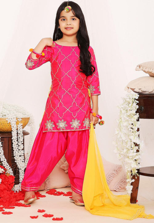 Gota Embellished Art Silk Punjabi Suit in Fuchsia