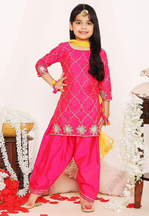 Gota Embellished Art Silk Punjabi Suit in Fuchsia