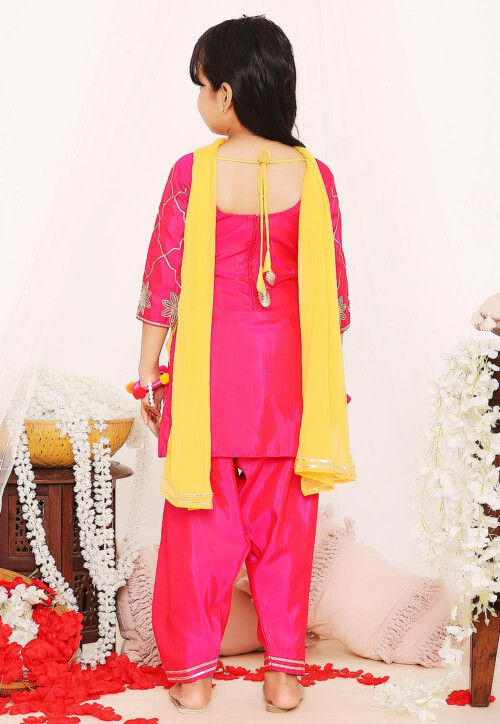 Gota Embellished Art Silk Punjabi Suit in Fuchsia