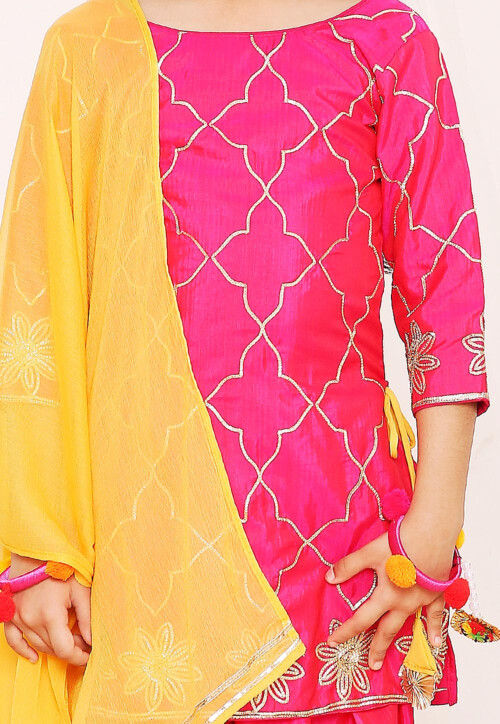 Gota Embellished Art Silk Punjabi Suit in Fuchsia