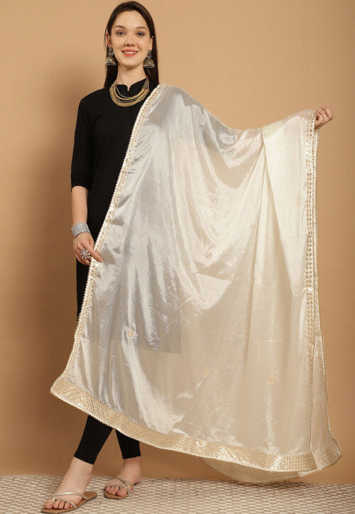 Gota Embellished Chinon Crepe Dupatta in Off White