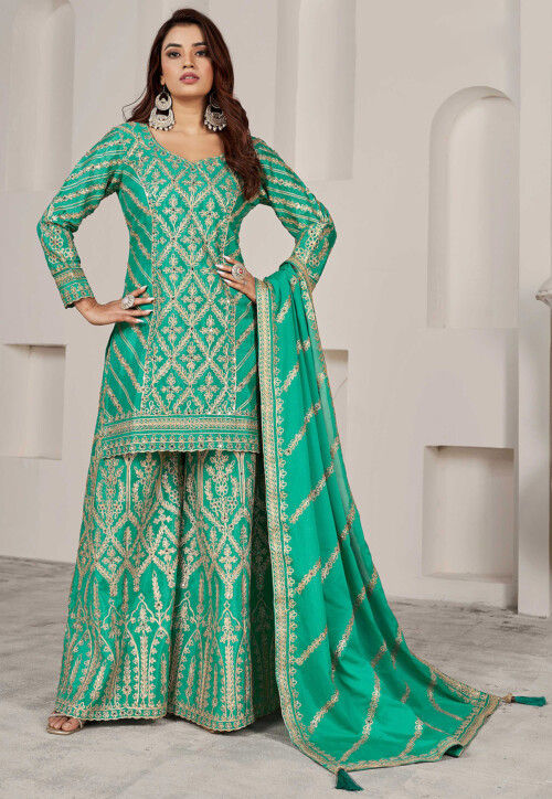 Gota Embellished Chinon Silk Pakistani Suit in Teal Green