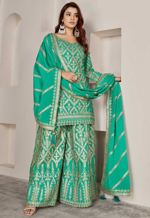 Gota Embellished Chinon Silk Pakistani Suit in Teal Green