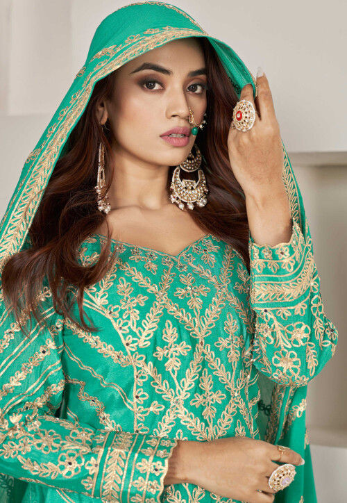 Gota Embellished Chinon Silk Pakistani Suit in Teal Green