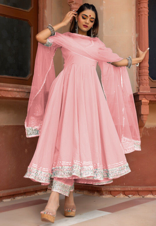 Gota Embellished Cotton Silk Anarkali Suit in Baby Pink