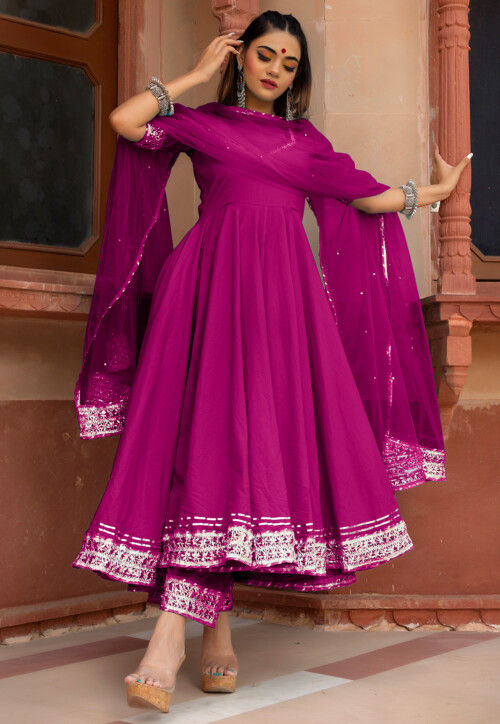 Buy Gota Embellished Cotton Anarkali Suit in Magenta Online