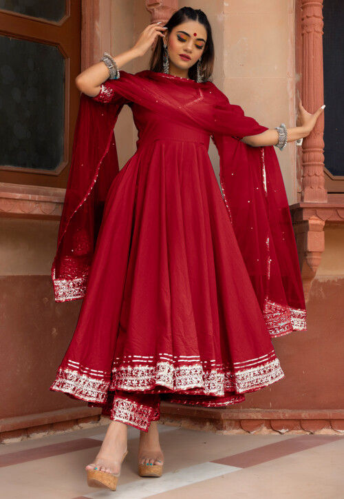 Buy Gota Embellished Cotton Anarkali Suit in Maroon Online