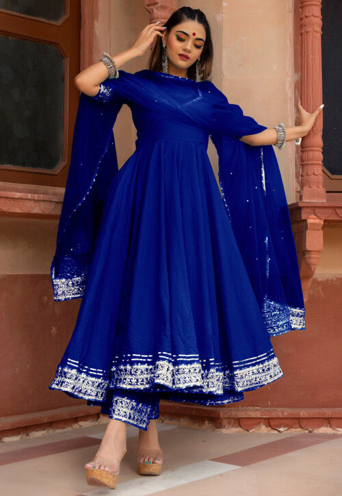 Buy Gota Embellished Cotton Anarkali Suit in Royal Blue Online : KJN4677 -  Utsav Fashion