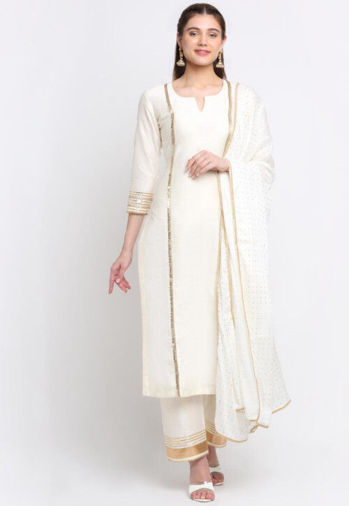 Gota Embellished Cotton Silk Pakistani Suit in Off White