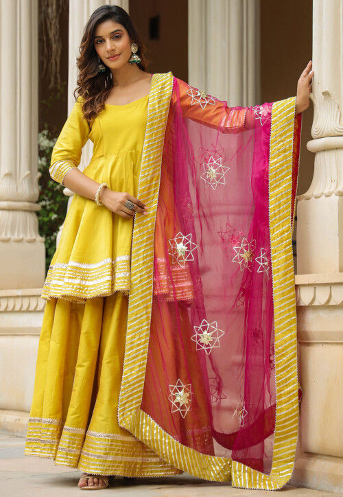 Gota Embellished Cotton Silk Pakistani Suit in Yellow