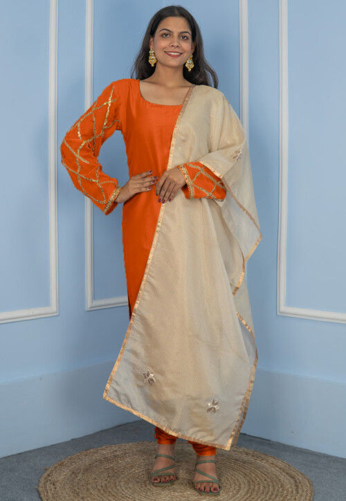 Gota Embellished Cotton Silk Straight Cut Suit in Dark Orange