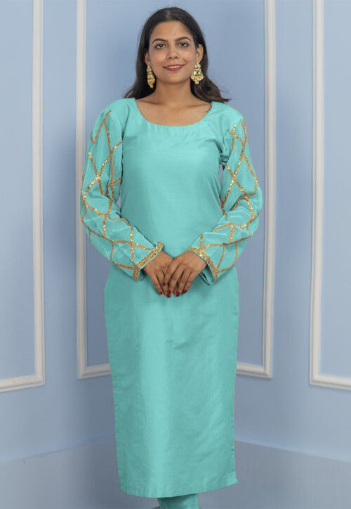 Gota Embellished Cotton Silk Straight Kurta in Turquoise
