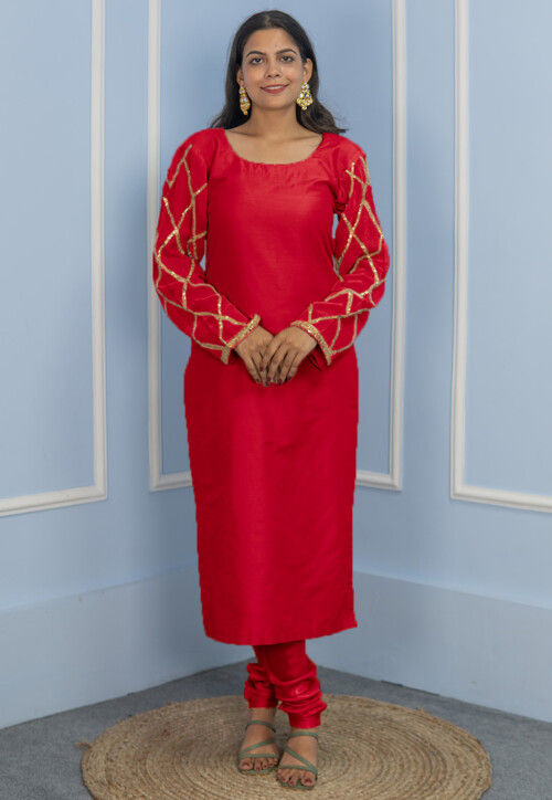 Gota Embellished Cotton Silk Straight Kurta Set in Red