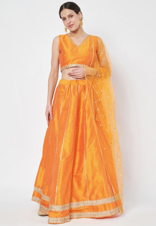 Gota Embellished Dupion Silk Lehenga in Orange