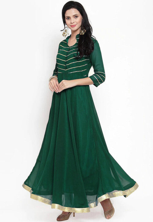 Gota Embellished Georgette Long Kurta in Dark Green