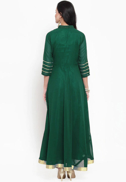 Gota Embellished Georgette Long Kurta in Dark Green