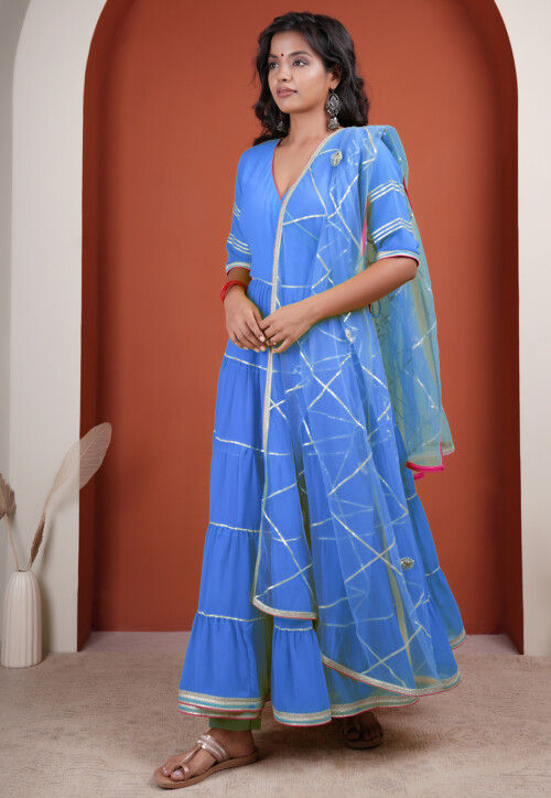Gota Embellished Georgette Abaya Style Suit in Light Blue