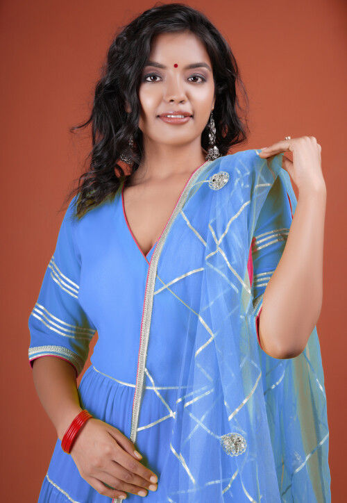 Gota Embellished Georgette Abaya Style Suit in Light Blue