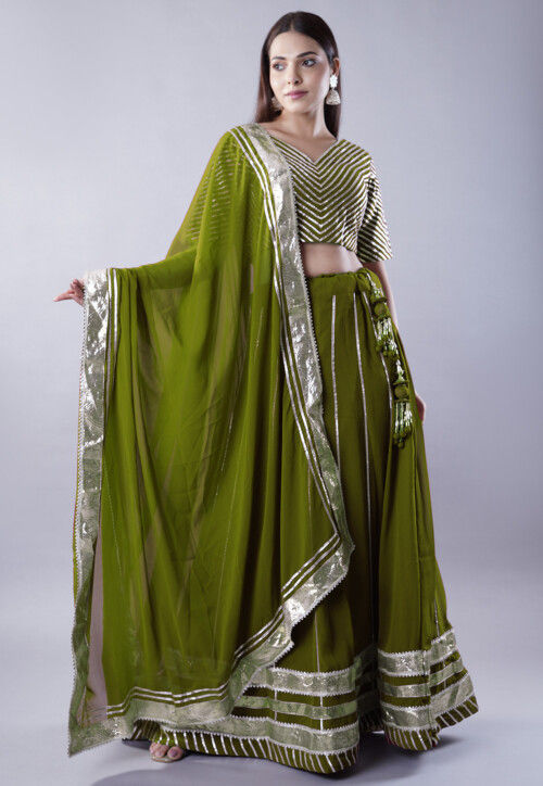 Gota Embellished Georgette Lehenga in Dark Green