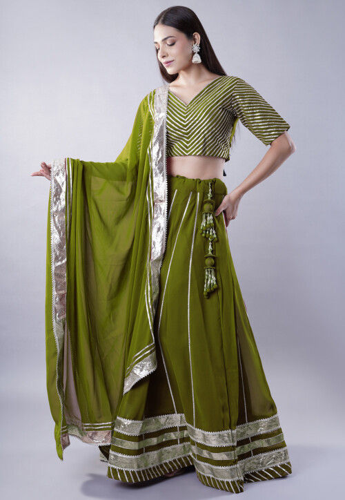 Gota Embellished Georgette Lehenga in Dark Green