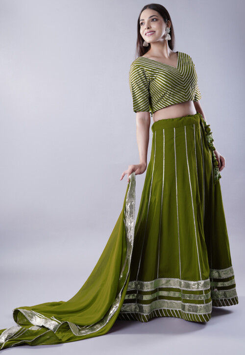 Gota Embellished Georgette Lehenga in Dark Green