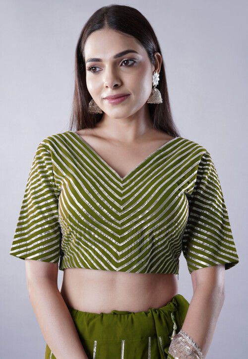 Gota Embellished Georgette Lehenga in Dark Green