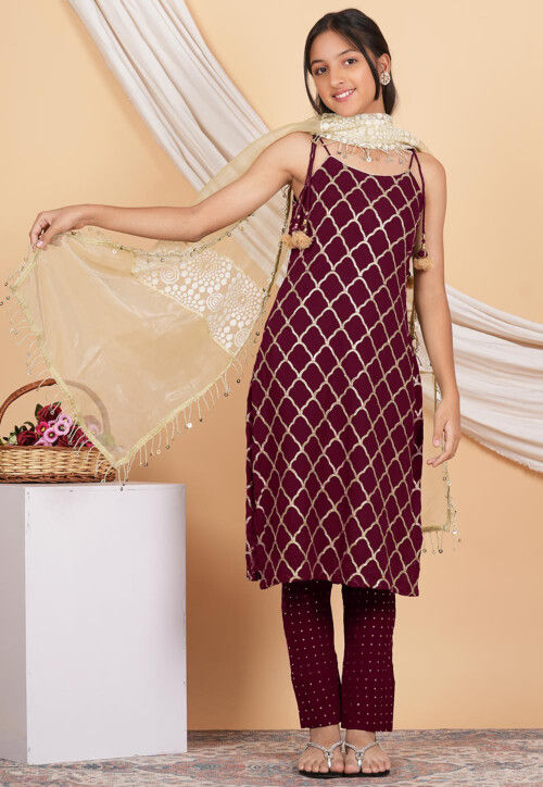 Buy Gota Embellished Georgette Pakistani Suit in Wine Online