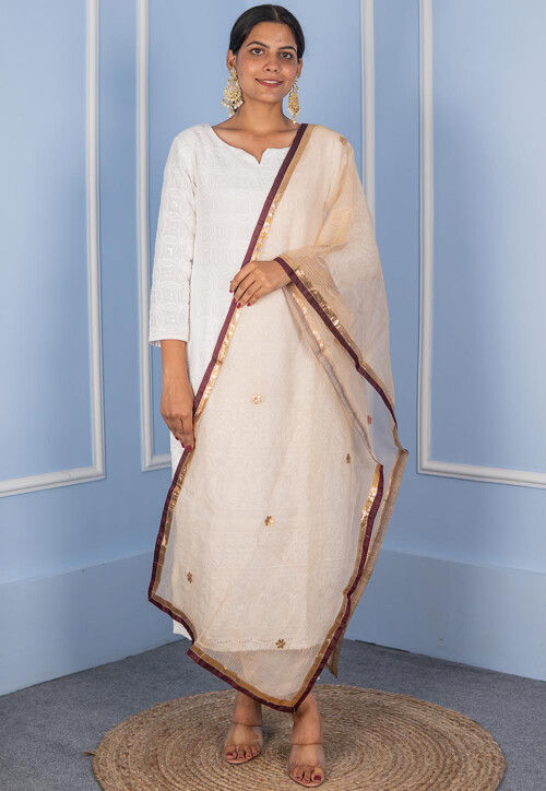 Gota Embellished Pure Kota Tissue Dupatta in Beige