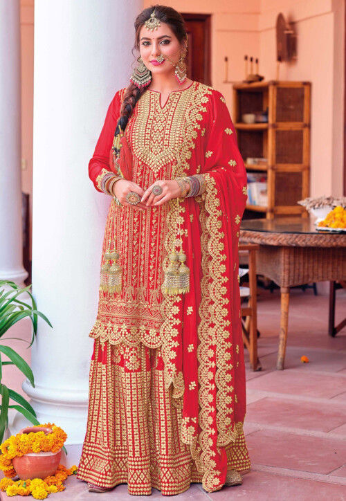 Gota Embroidered Chinon Chiffon Pakistani Suit in Coral Pink