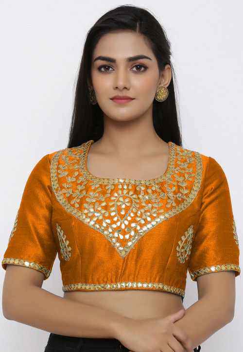 Gota Embroidered Dupion Silk Blouse in Orange