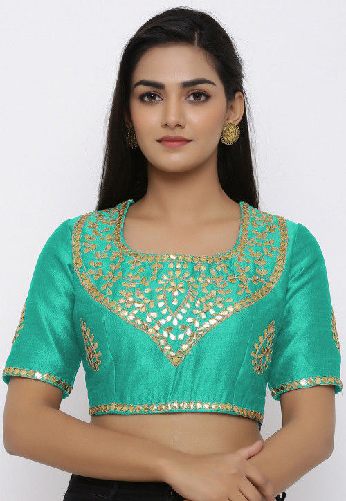 Gota Embroidered Dupion Silk Blouse in Sea Green : UUX574