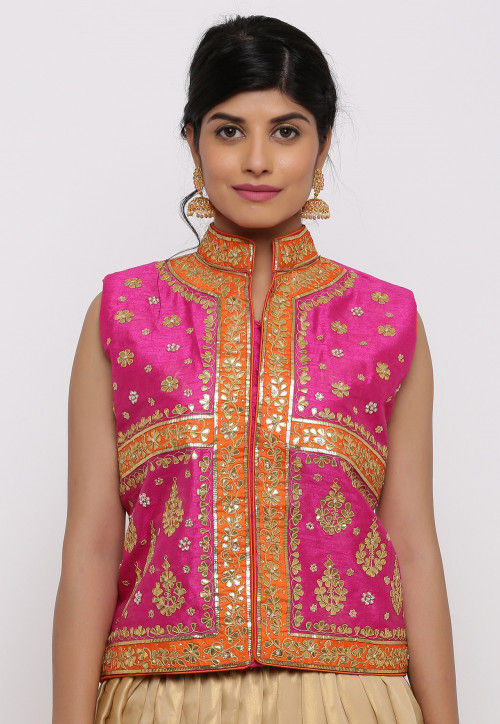 Gota Embroidered Dupion Silk Long Jacket in Fuchsia