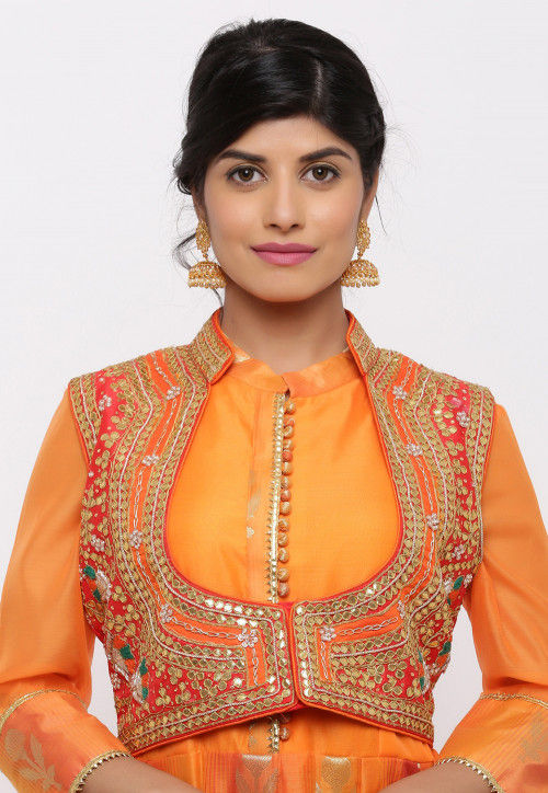 Gota Embroidered Dupion Silk Short Jacket in Orange