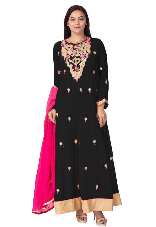 Gota Embroidered Georgette Abaya Style Suit in Black : KJN3961