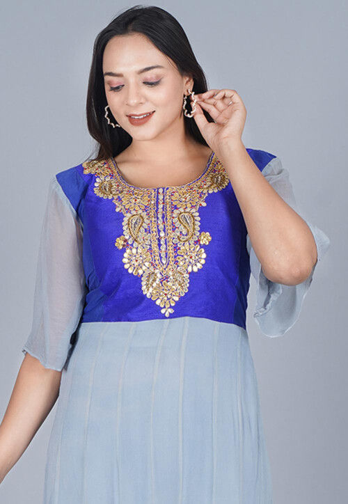 Gota Embroidered Georgette Anarkali Kurta in Grey and Royal Blue