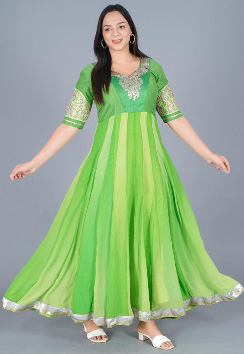 Gota Embroidered Georgette Anarkali Kurta Set in Shaded Green
