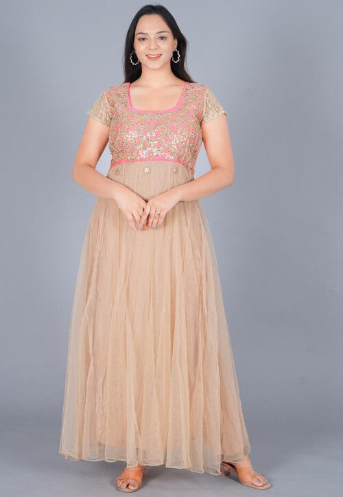 Gota Embroidered Net Gown in Beige and Baby Pink : TJW2099