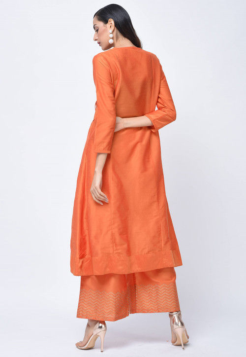Buy Gota Lace Border Art Silk Angrakha Style Kurta Set in Orange Online ...