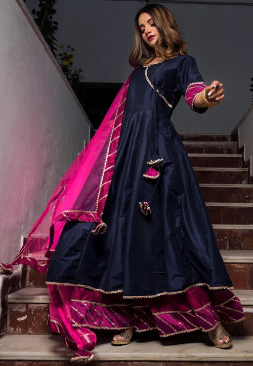 Gota Lace Cotton Silk Pakistani Suit in Navy Blue