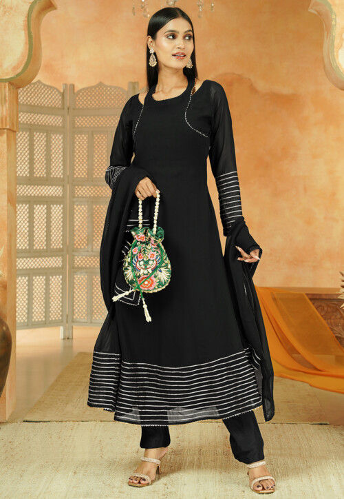 Gota Lace Georgette A Line Suit in Black