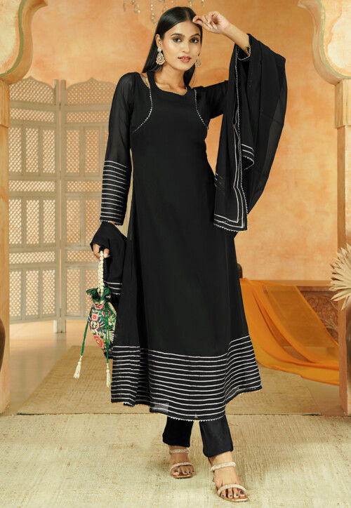 Gota Lace Georgette A Line Suit in Black