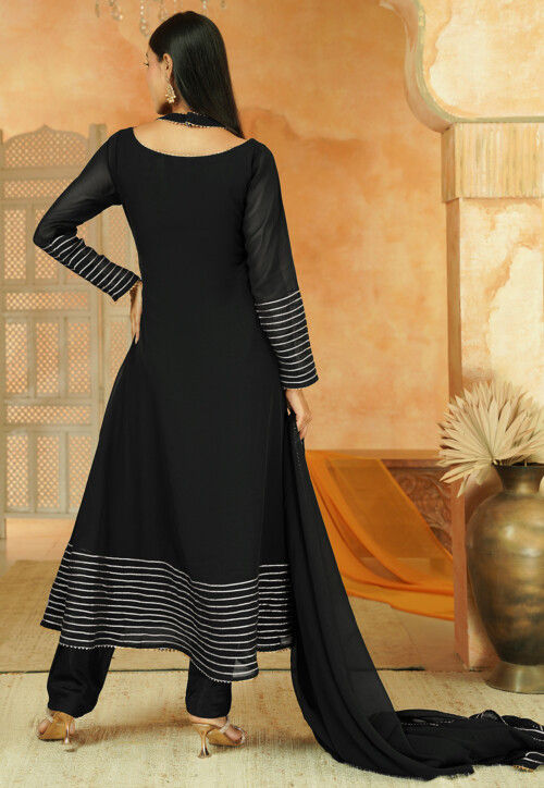 Gota Lace Georgette A Line Suit in Black