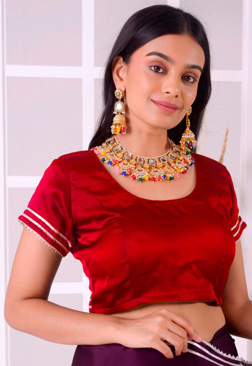 Gota Lace Satin Silk Blouse in Red