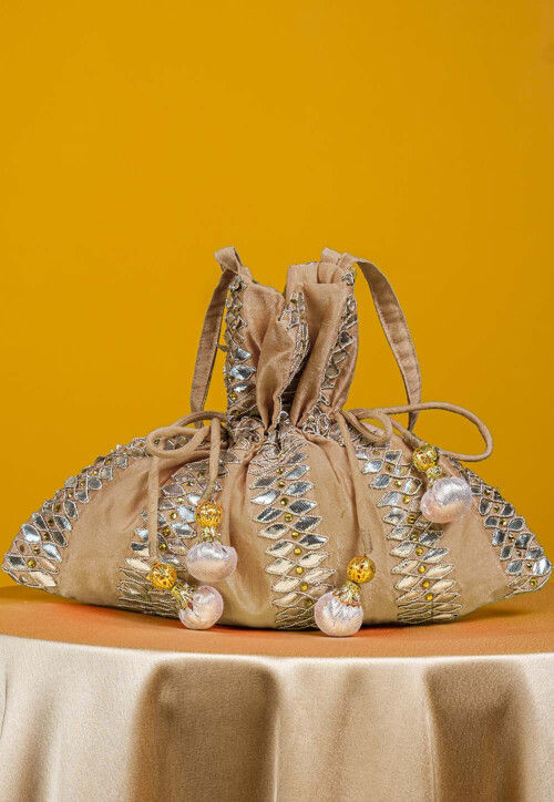 Gota Patti Art Silk Potli Bag in Beige