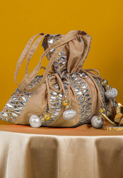 Gota Patti Art Silk Potli Bag in Beige