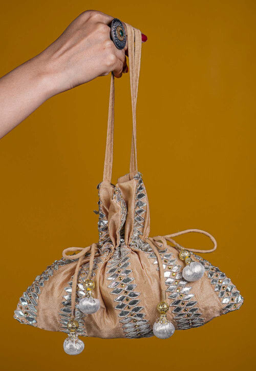 Gota Patti Art Silk Potli Bag in Beige