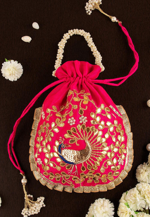 Gota Patti Art Silk Potli Bag in Fuchsia