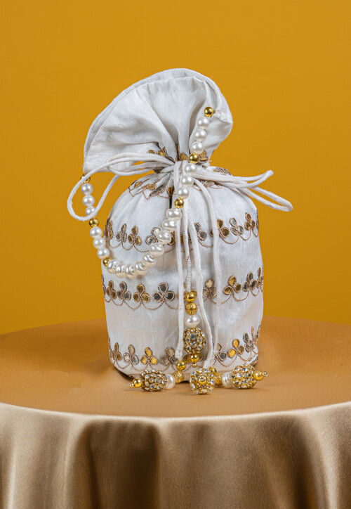 Gota Patti Art Silk Potli Bag in Off White
