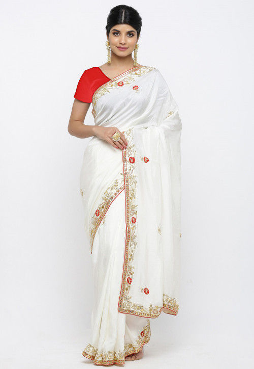 Gota Patti Art Silk Saree in White : SJN7308