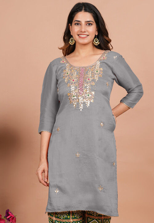 Buy Gota Patti Art Silk Straight Kurta in Grey Online TJW2307